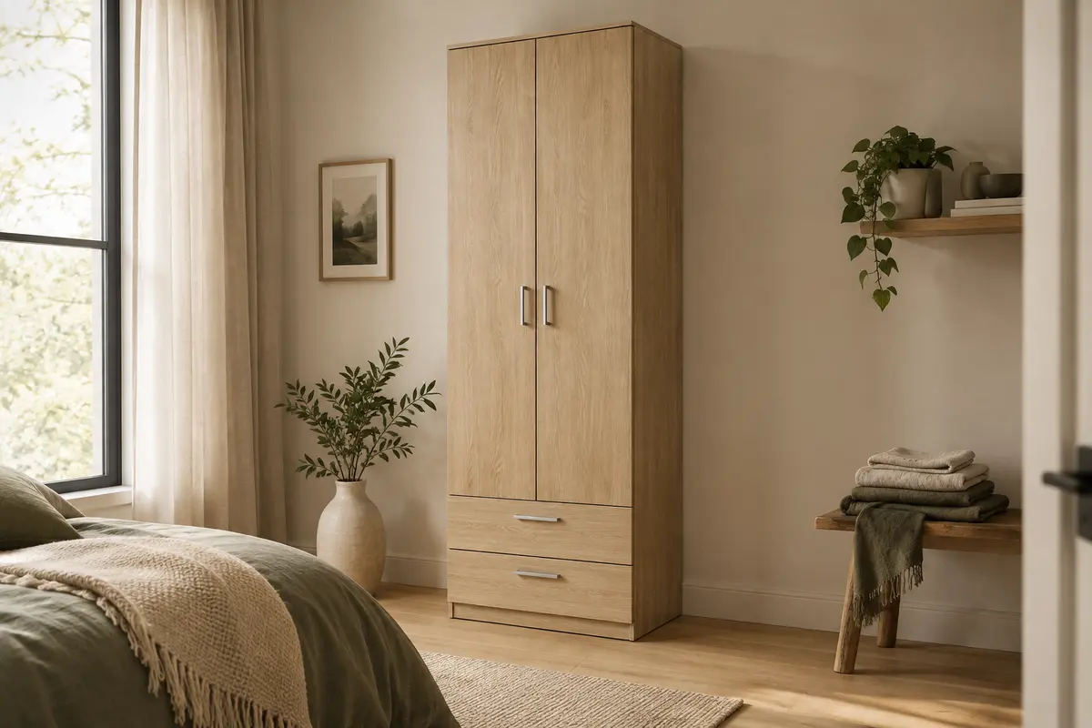 Armoire lingère chêne brossé à deux portes et deux tiroirs dans une chambre lumineuse