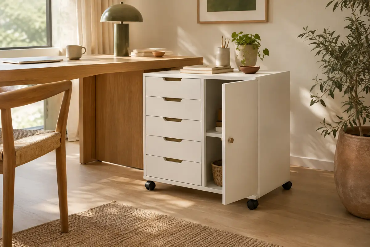 Caisson de bureau blanc sur roulettes avec cinq tiroirs, une porte et une armoire à deux niveaux