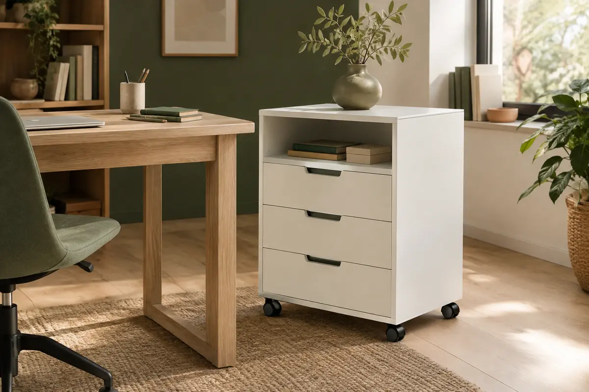 Caisson de bureau blanc à trois tiroirs, étagère ouverte et roulettes dans un bureau chaleureux