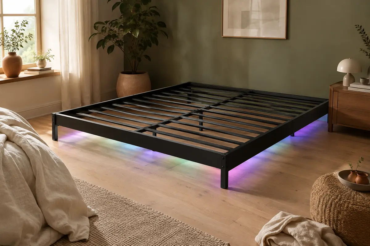 Cadre de lit double en métal noir avec lattes intégrées et éclairage LED RGB sous la structure.