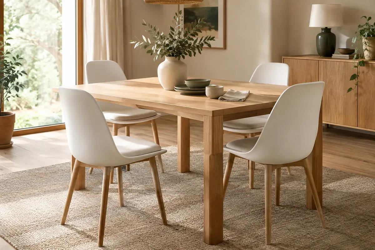 Quatre chaises blanches à dossier incurvé, assise rembourrée et pieds en hêtre clair autour d’une table