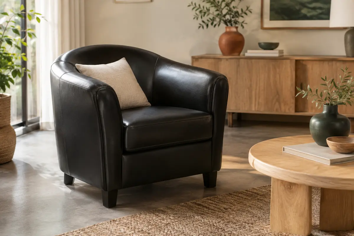 Fauteuil club Jelgava noir en similicuir, avec accoudoirs arrondis, présenté dans un salon lumineux.
