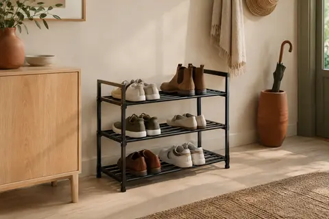 Range-chaussures noir en métal à trois niveaux installé dans une entrée claire près d’un mur crème.