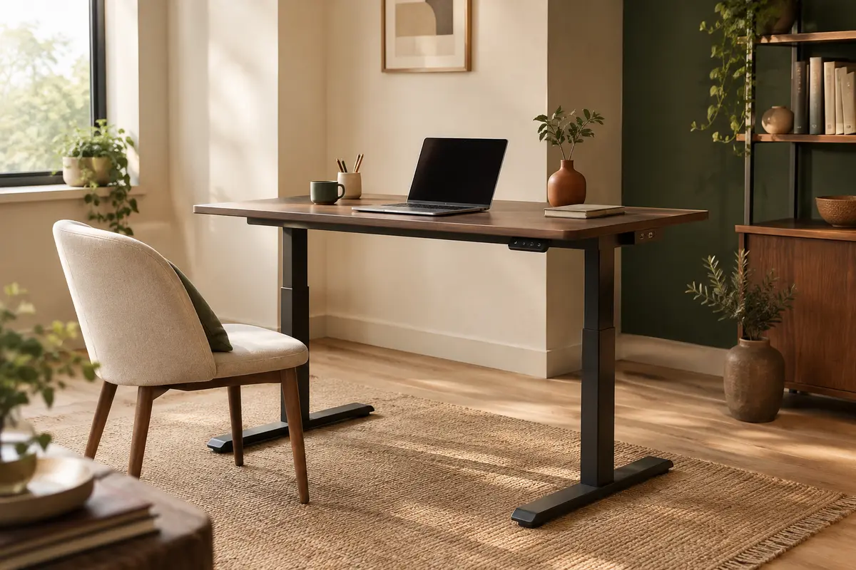 Bureau assis debout électrique marron de 120 x 60 cm avec piètement métallique dans un bureau lumineux