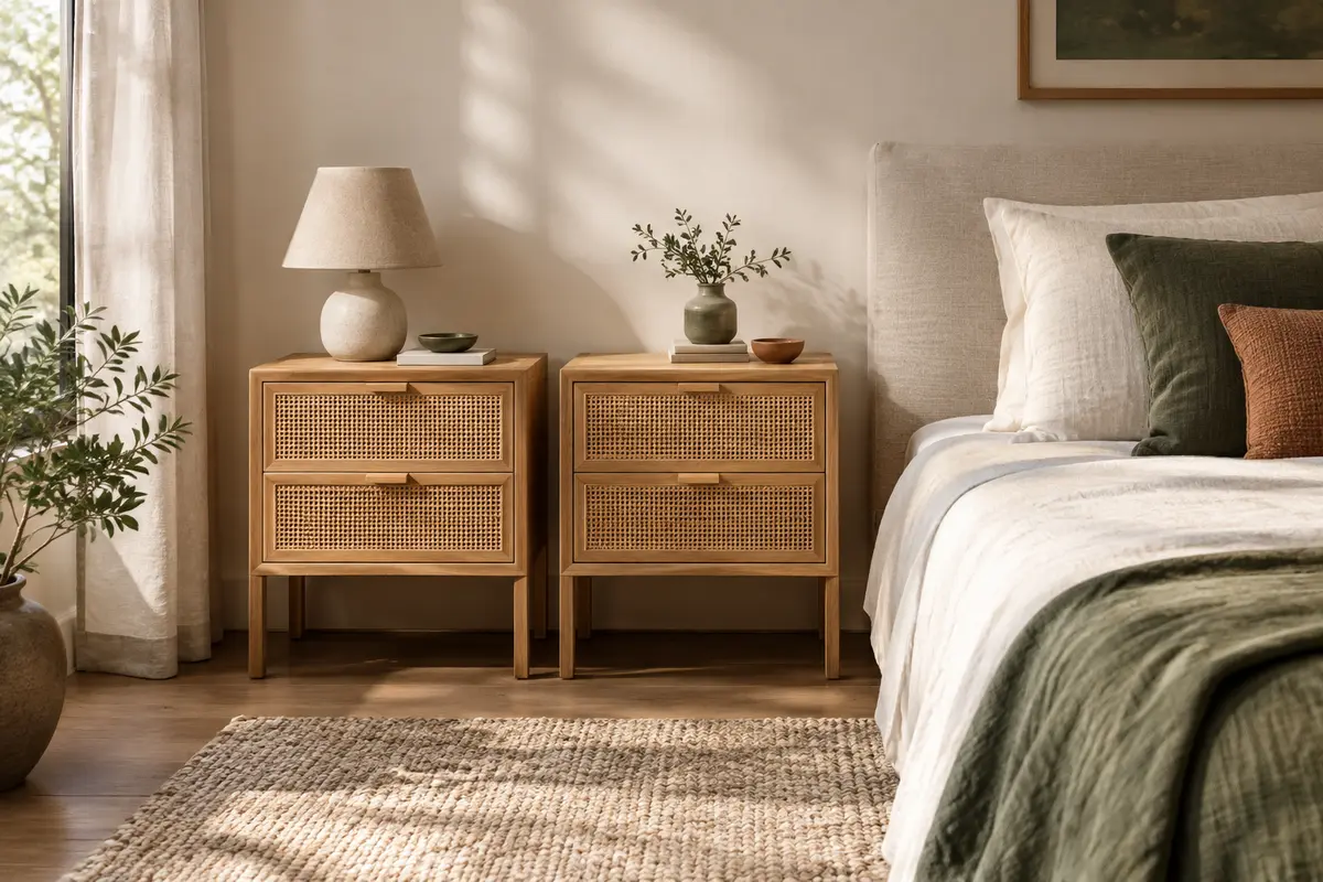 Deux tables de chevet Finnhomy en rotin tressé naturel, chacune avec deux tiroirs et des pieds en bois.