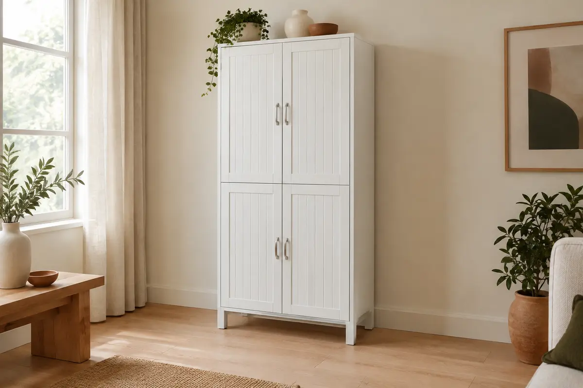 Armoire FOREHILL blanche à quatre portes en relief et poignées argentées dans un intérieur lumineux