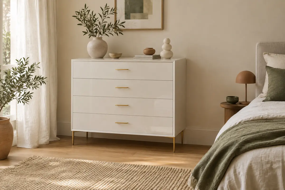 Commode blanche FOREHILL à quatre tiroirs et poignées dorées dans une chambre lumineuse