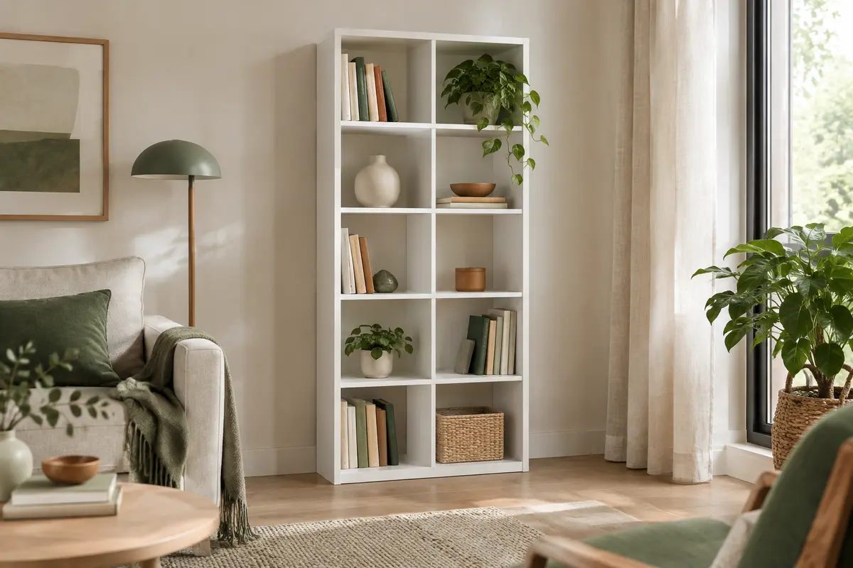 Bibliothèque blanche Furinno à onze cubes ouverts, présentée avec quelques livres et objets décoratifs.