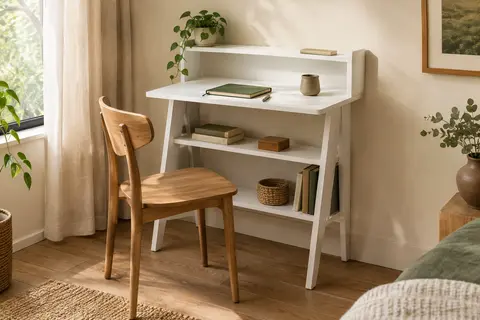 Bureau blanc compact avec rehausse fixe et deux étagères ouvertes dans un intérieur chaleureux