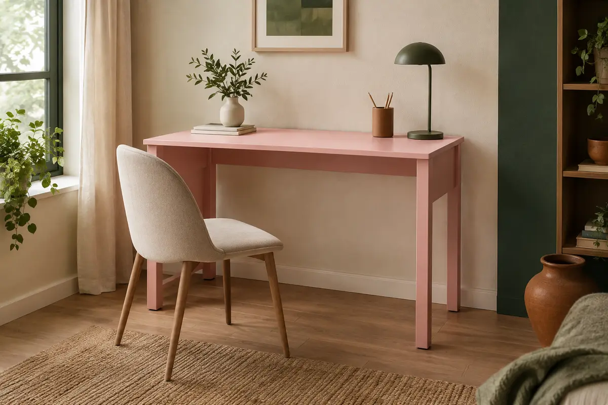 Bureau Furinno compact rose à plateau laminé et pieds droits, installé dans un coin de travail lumineux