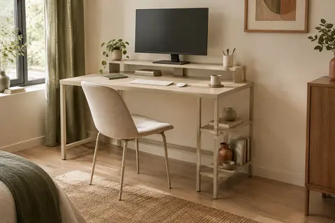 Bureau informatique beige avec support d’écran intégré et étagères latérales réversibles