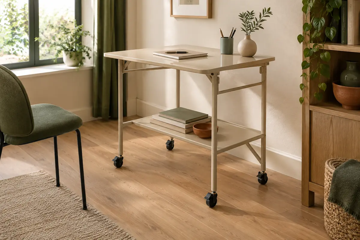 Bureau pliant beige GreenForest avec étagère ouverte et roulettes, présenté déplié dans un intérieur lumineux.