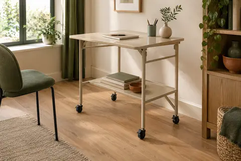 Bureau pliant beige GreenForest avec étagère ouverte et roulettes, présenté déplié dans un intérieur lumineux.