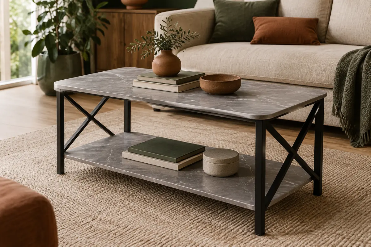 Table basse grise à deux niveaux avec plateau effet marbre et piètement métallique en X dans un salon chaleureux.