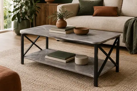 Table basse grise à deux niveaux avec plateau effet marbre et piètement métallique en X dans un salon chaleureux.