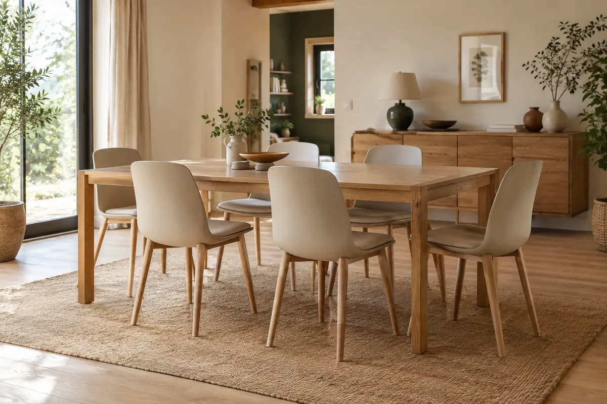 Six chaises beiges à dossier plein et pieds en hêtre disposées autour d’une table en bois clair.