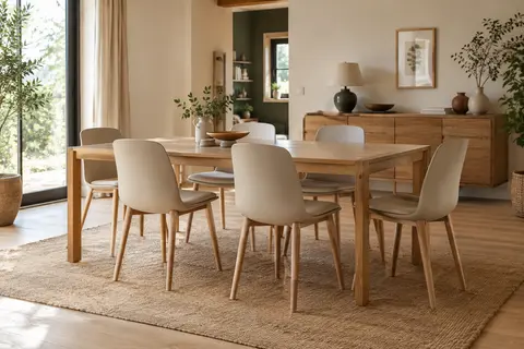 Six chaises beiges à dossier plein et pieds en hêtre disposées autour d’une table en bois clair.
