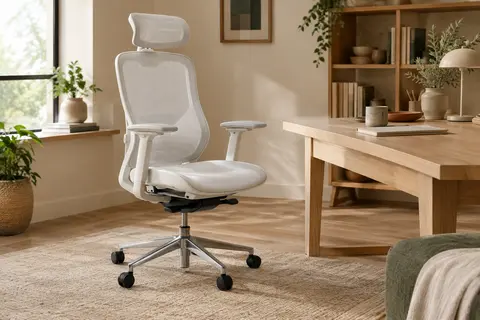 Chaise de bureau HOLLUDLE blanche à dossier en maille, accoudoirs réglables et base à roulettes dans un bureau
