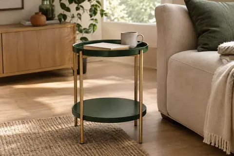 Table d’appoint ronde en métal vert avec structure dorée, près d’un canapé dans un salon lumineux.