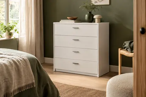 Commode blanche à quatre tiroirs dans une chambre chaleureuse aux matières naturelles