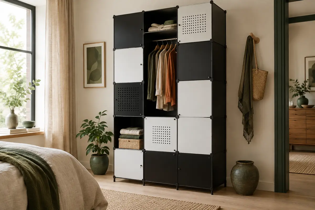 Armoire penderie modulable noir et blanc avec compartiments cubiques et vêtements suspendus
