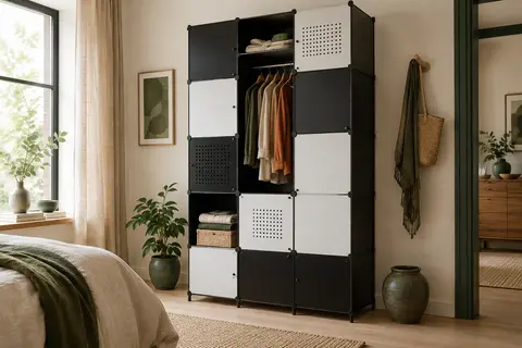Armoire penderie modulable noir et blanc avec compartiments cubiques et vêtements suspendus