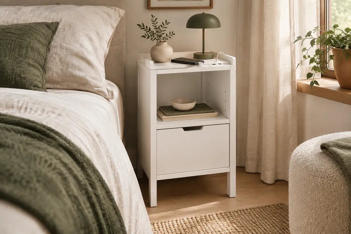 Table de chevet blanche avec tiroir, étagères ouvertes et ports de recharge, dans une chambre lumineuse.