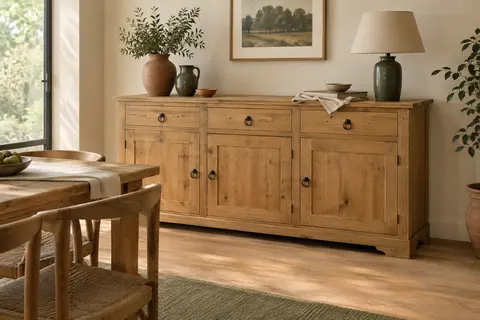 Buffet en pin massif teinté et ciré avec trois portes, trois tiroirs et ferrures noires.