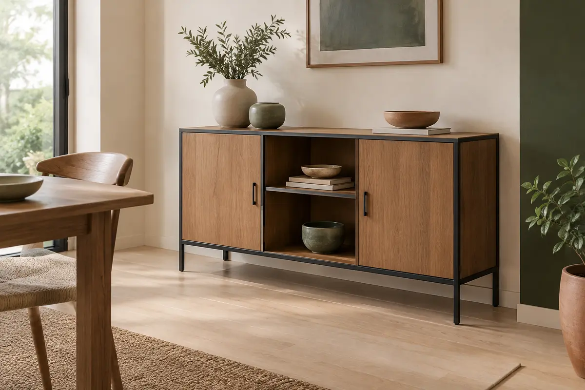 Buffet industriel en bois et métal noir avec deux portes, des niches ouvertes et une tablette supérieure