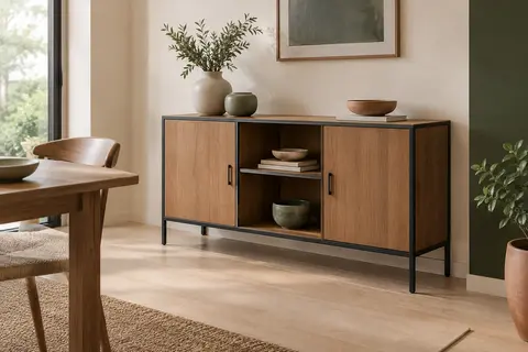 Buffet industriel en bois et métal noir avec deux portes, des niches ouvertes et une tablette supérieure
