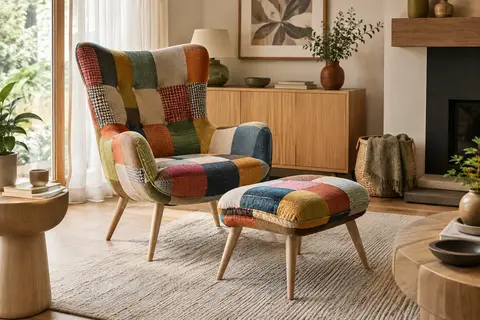 Fauteuil scandinave en tissu patchwork multicolore avec repose-pieds assorti et pieds en bois clair.
