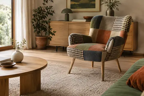 Fauteuil IVAR à dossier haut, revêtement patchwork multicolore pied-de-poule et pieds inclinés en bois