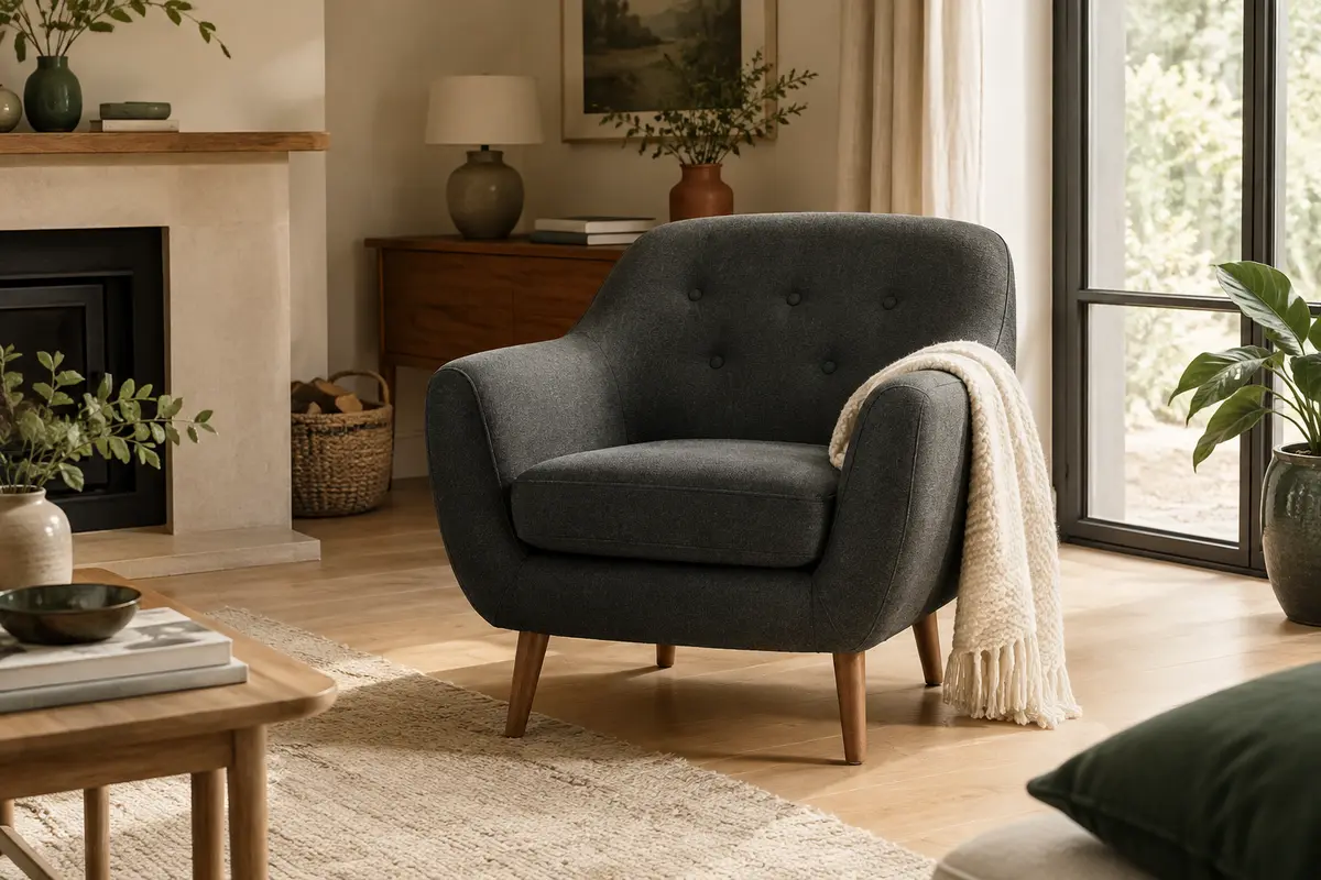 Fauteuil d’appoint gris anthracite capitonné, aux formes arrondies et pieds fuselés en bois