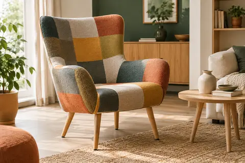 Fauteuil scandinave Ivar en tissu patchwork multicolore, avec accoudoirs arrondis et pieds en bois inclinés.