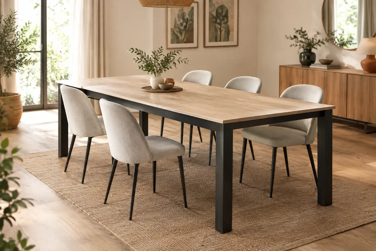 Table à manger Phoenix extensible, plateau effet bois clair et piètement noir dans une salle à manger lumineuse