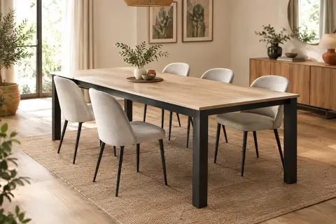 Table à manger Phoenix extensible, plateau effet bois clair et piètement noir dans une salle à manger lumineuse