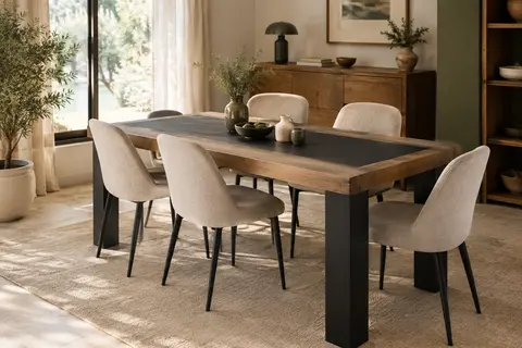 Table rectangulaire au décor bois et noir, avec bande centrale mate, dans une salle à manger lumineuse.
