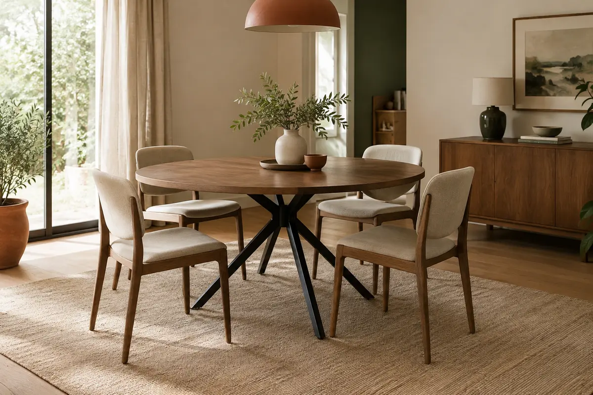 Table ronde à l’aspect bois brun et pied araignée en métal noir dans une salle à manger lumineuse