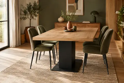 Table à manger EDEN au plateau décor bois et pied central noir, présentée dans une salle à manger lumineuse