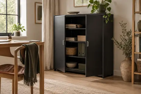 Armoire de rangement en métal noir à deux portes, avec étagères réglables, dans un intérieur lumineux et sobre.