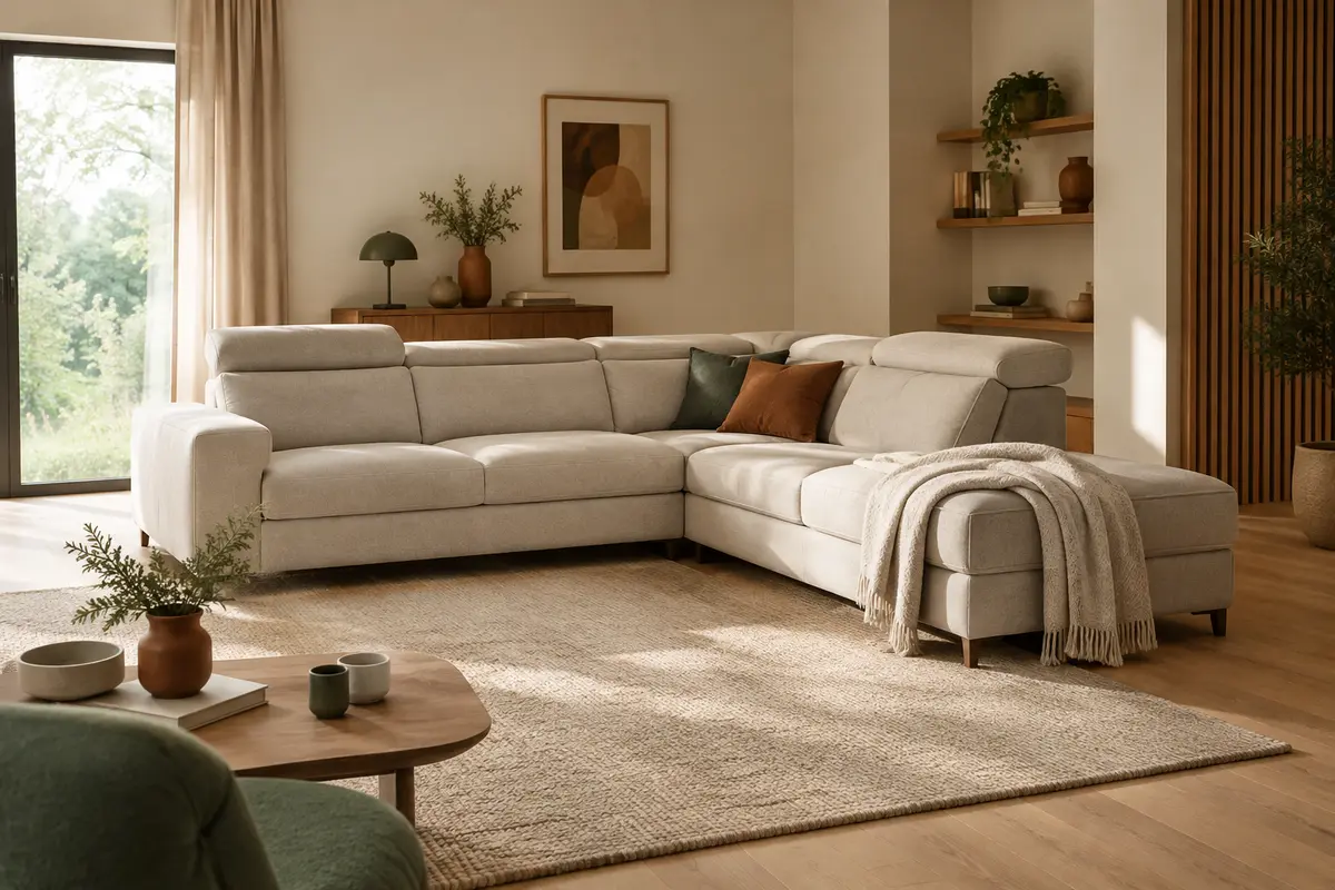 Canapé d’angle convertible beige à accoudoirs droits et pieds en bois dans un salon lumineux