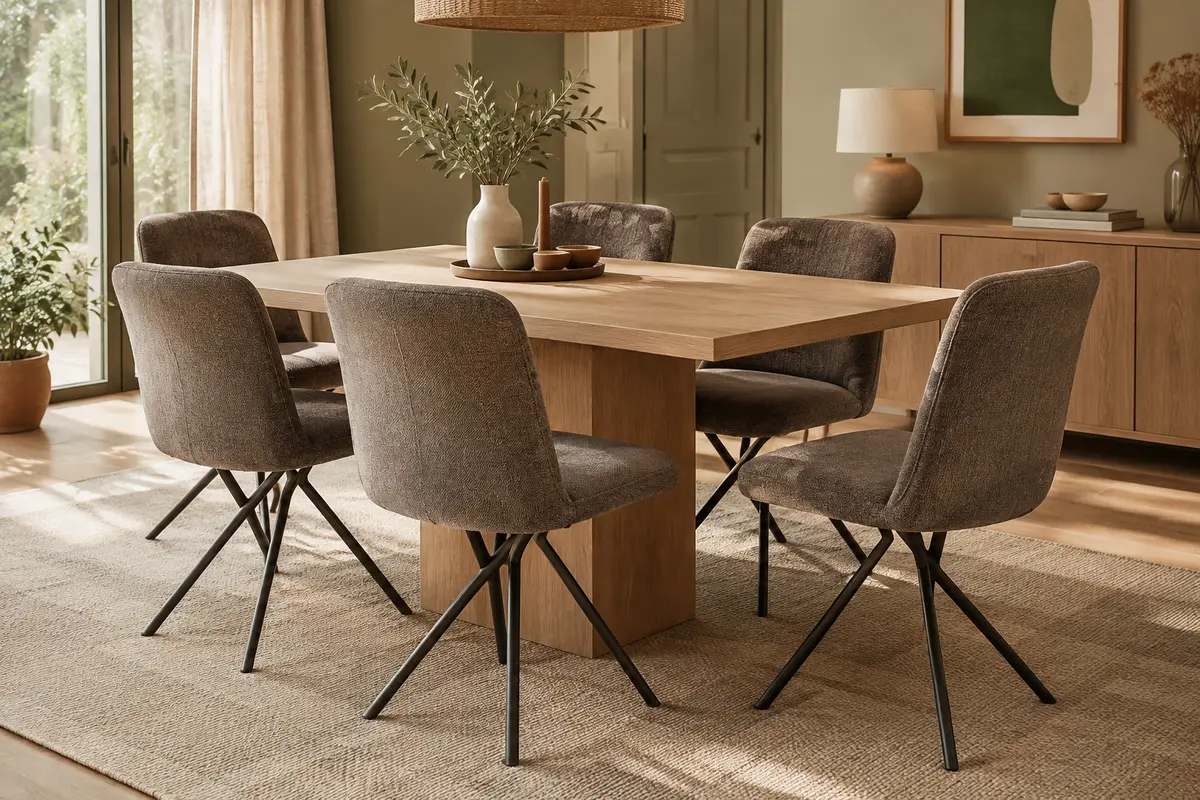 Lot de six chaises de salle à manger gris brun en chenille, avec dossiers pleins et pieds métalliques croisés.
