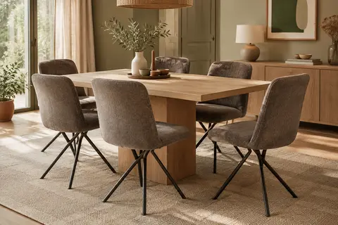Lot de six chaises de salle à manger gris brun en chenille, avec dossiers pleins et pieds métalliques croisés.