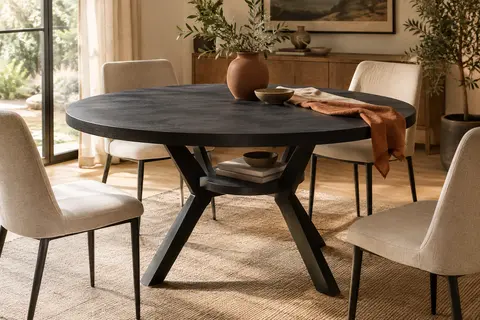 Table à manger ronde noire avec plateau effet bois, piètement croisé en métal et étagère intégrée