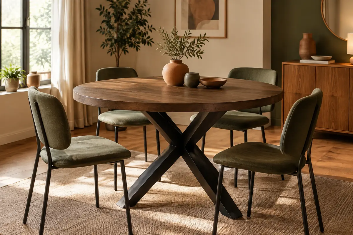 Table à manger ronde marron effet bois avec piètement croisé noir en métal, dans une salle à manger lumineuse.