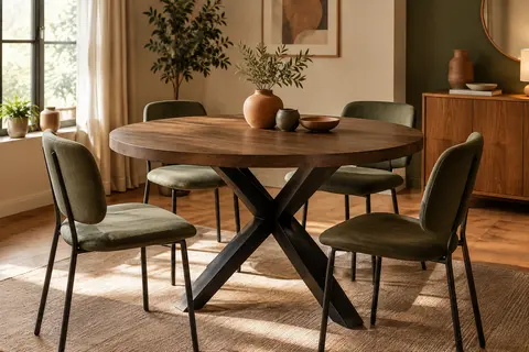 Table à manger ronde marron effet bois avec piètement croisé noir en métal, dans une salle à manger lumineuse.