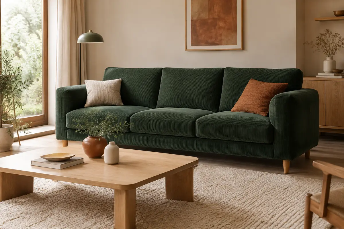 Canapé trois places vert forêt en velours côtelé, avec accoudoirs rembourrés et pieds en bois.