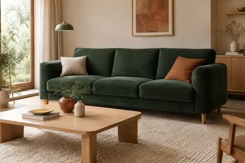 Canapé trois places vert forêt en velours côtelé, avec accoudoirs rembourrés et pieds en bois.
