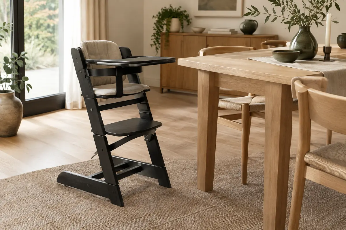 Chaise haute évolutive Kinderkraft en bois noir avec plateau amovible et coussin, installée près d’une table