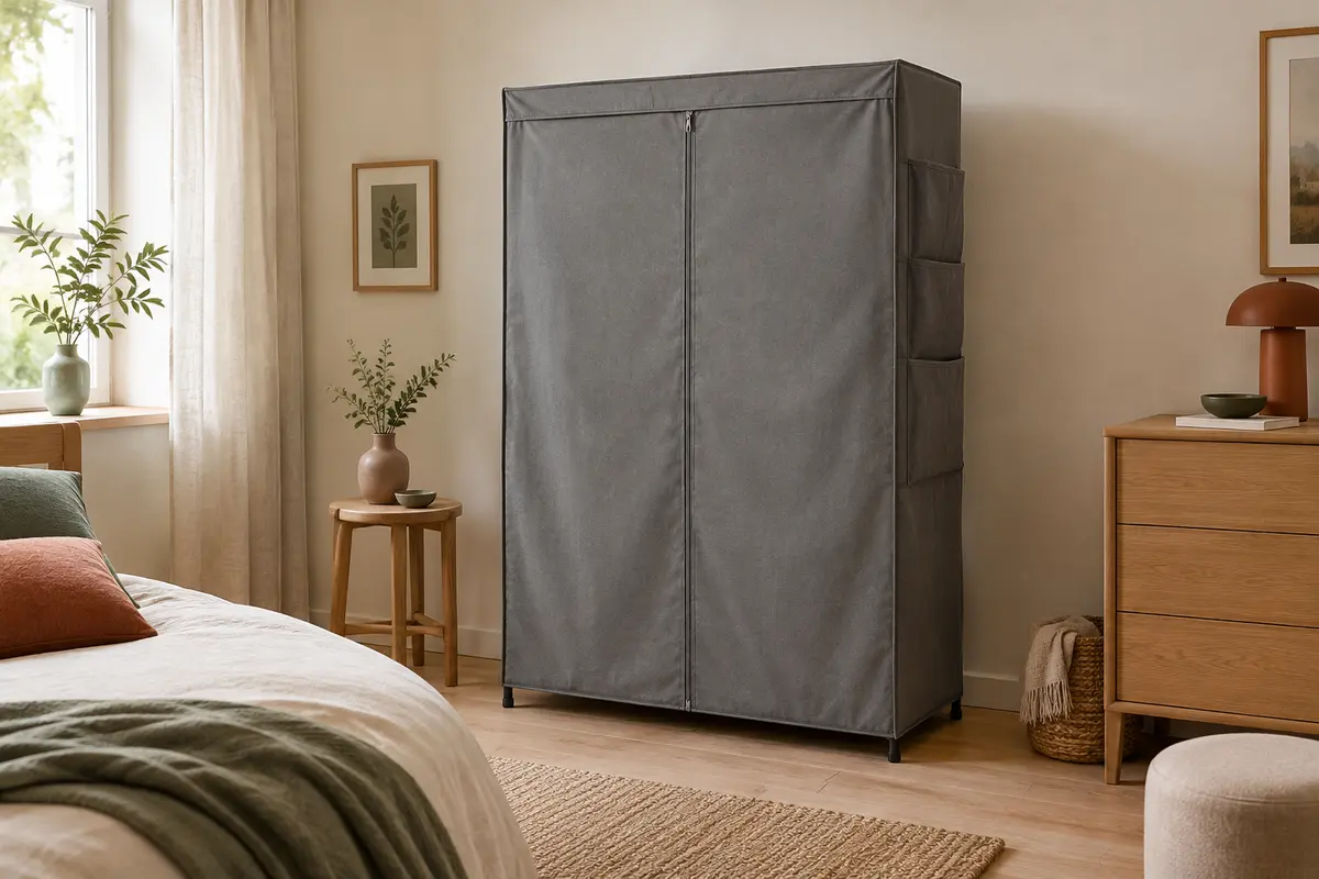 Armoire penderie portable en tissu gris avec poches latérales, installée dans une chambre lumineuse.